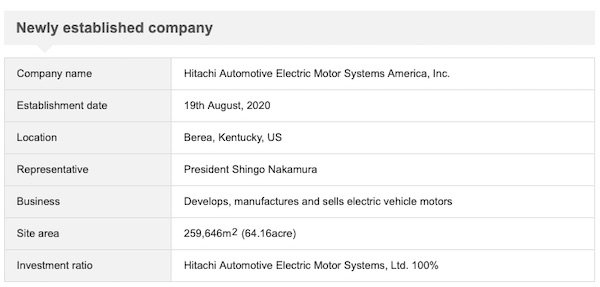 Hitachi Automotive Electric Motor Systems--A New Company for Electric Vehicle Motor Business Established in USA